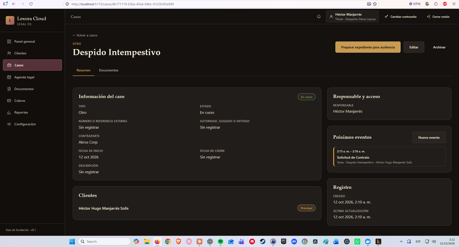 Pantalla real de un expediente en Lexora Cloud