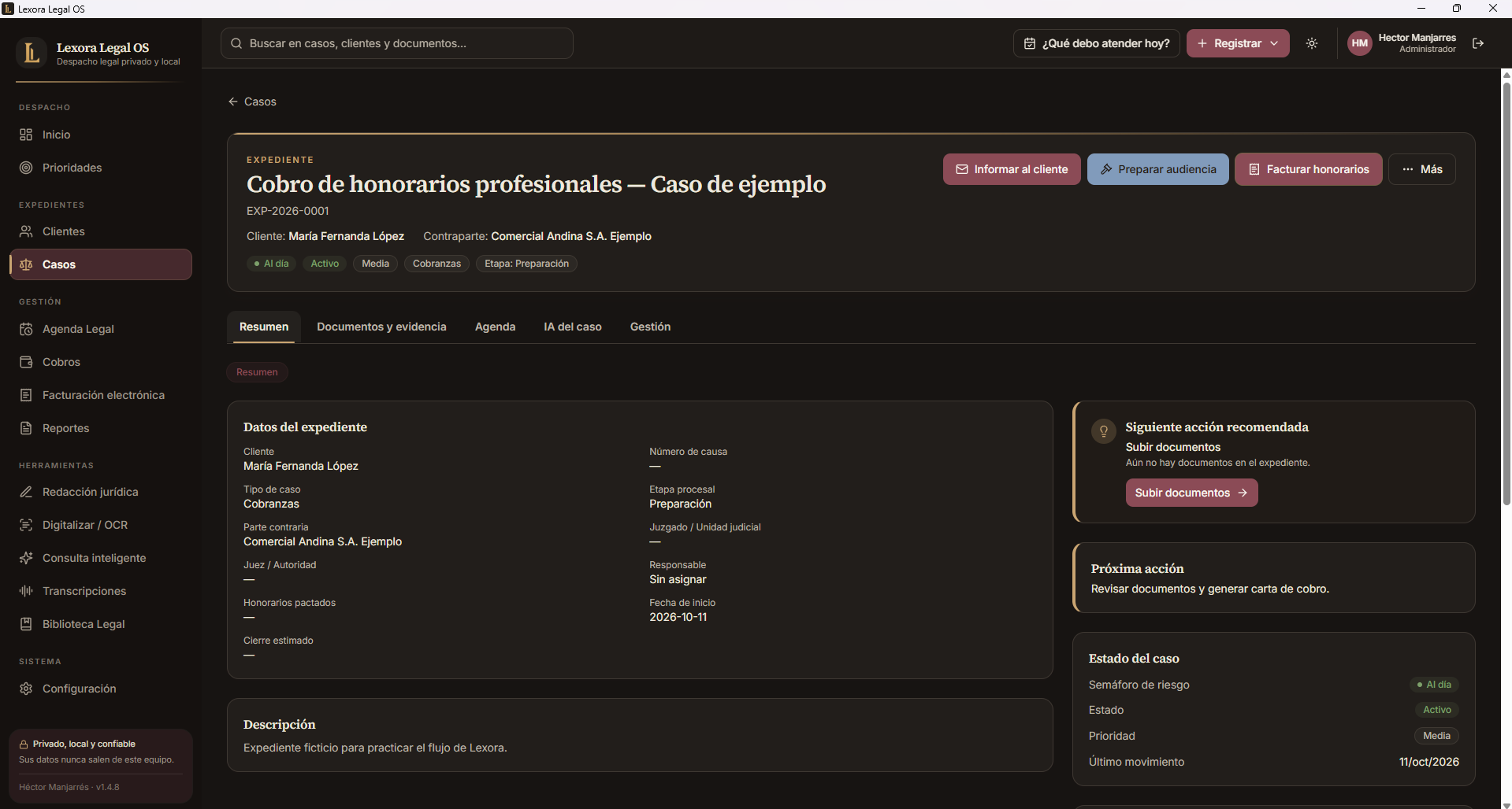 Detalle real de un expediente en Lexora Desktop